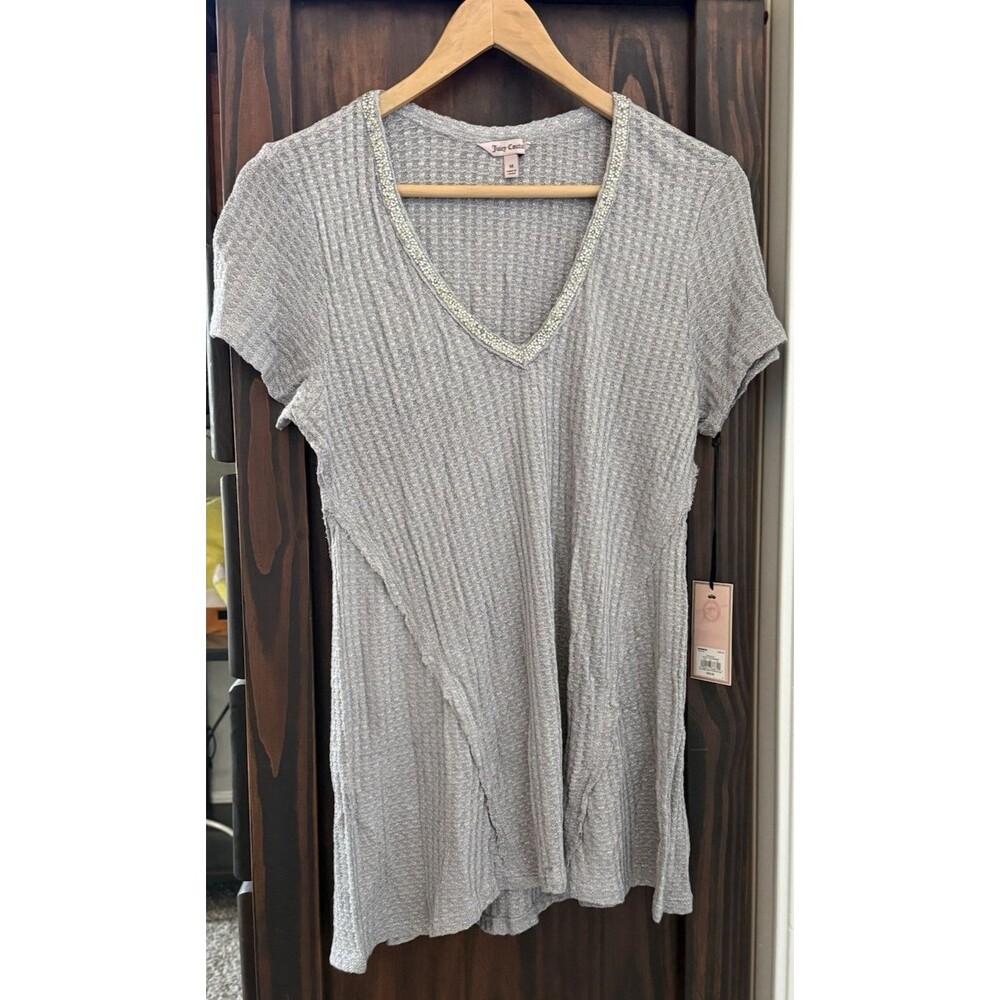 Juicy Couture Y2K Boho Crystal Neckline Waffle Knit Short Sleeve Raw Edge Medium